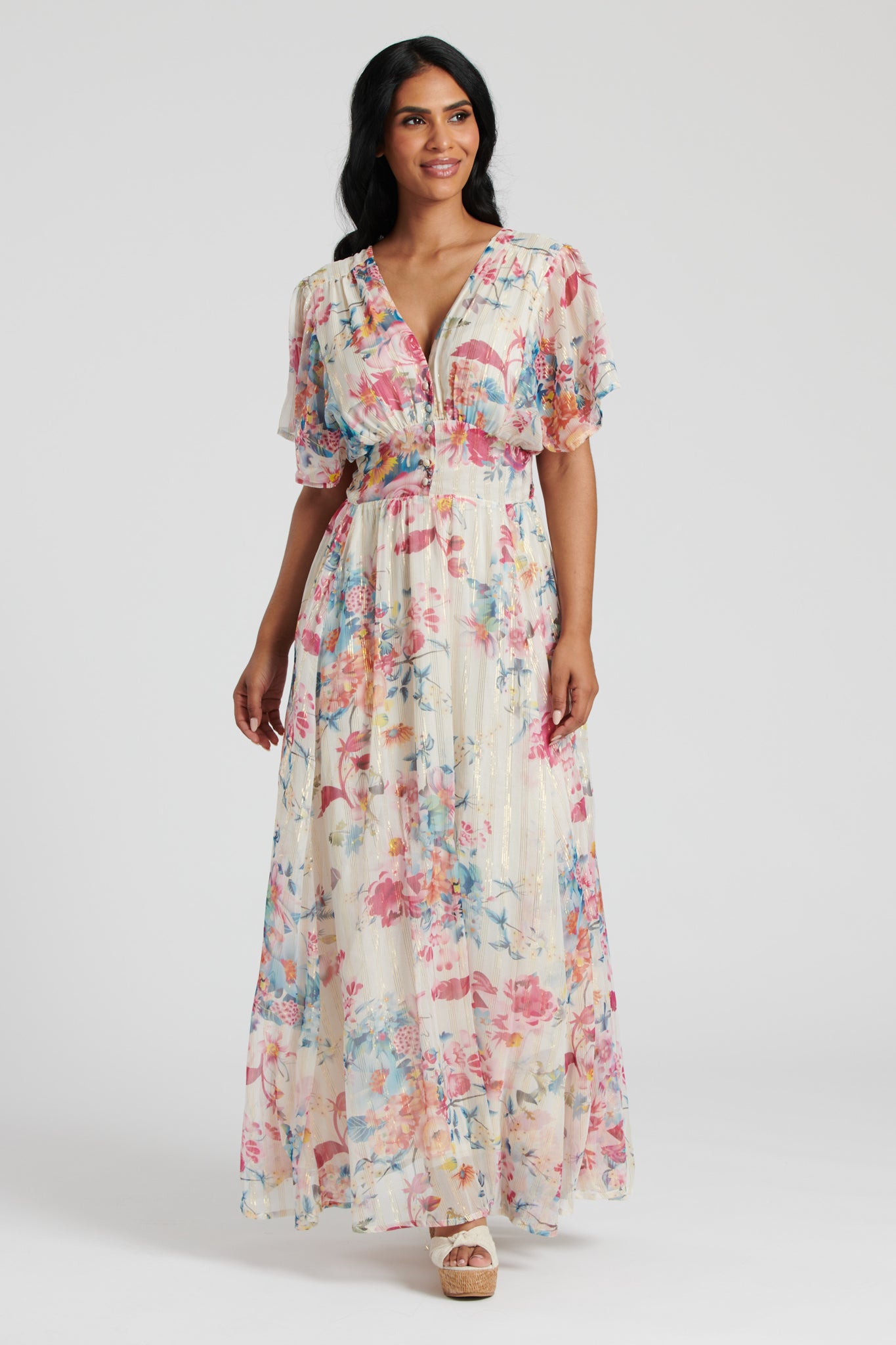 White Metallic Chiffon Button Detail Midi Dress  Continental Textiles