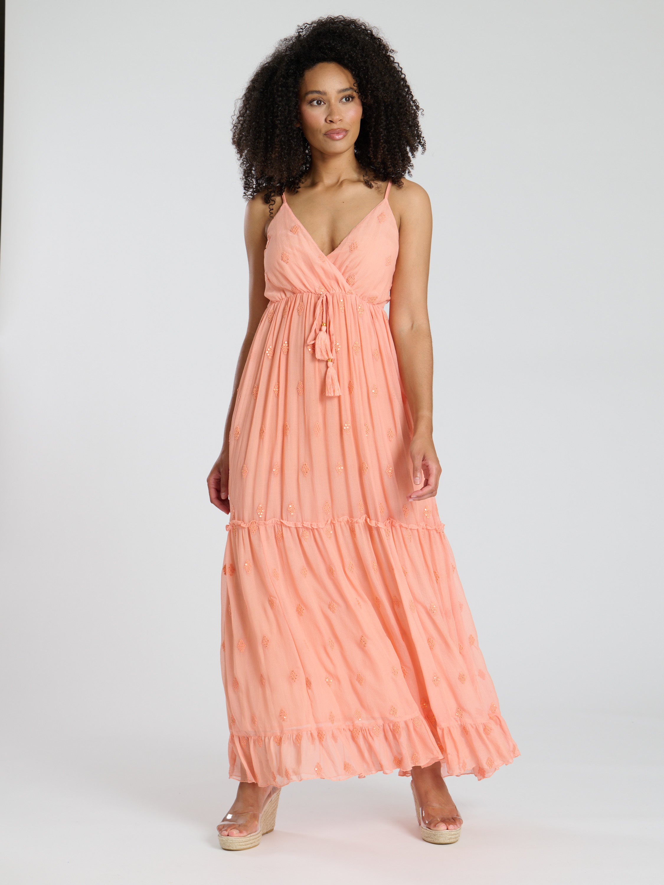 chinese dress ladies Coral Sequin Detail Cami V Neck Maxi Dress – Continental Textiles