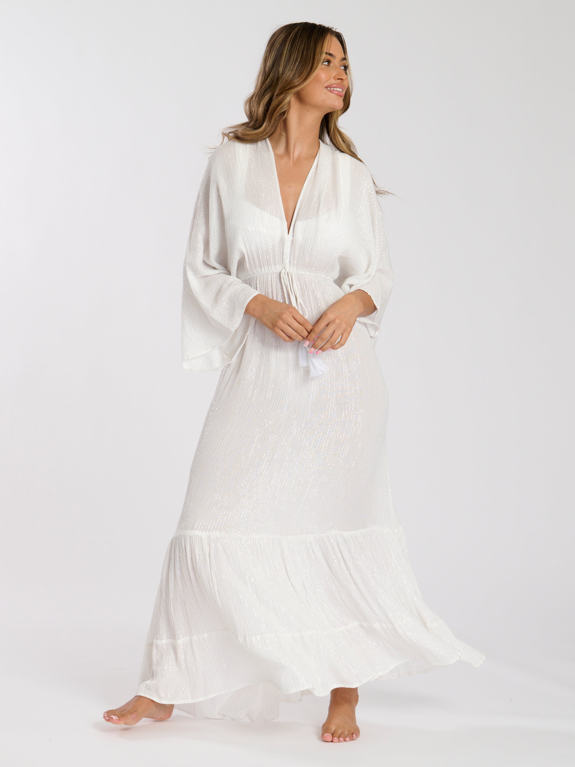 White Metallic Kimono Sleeve Beach Maxi Dress – Continental Textiles