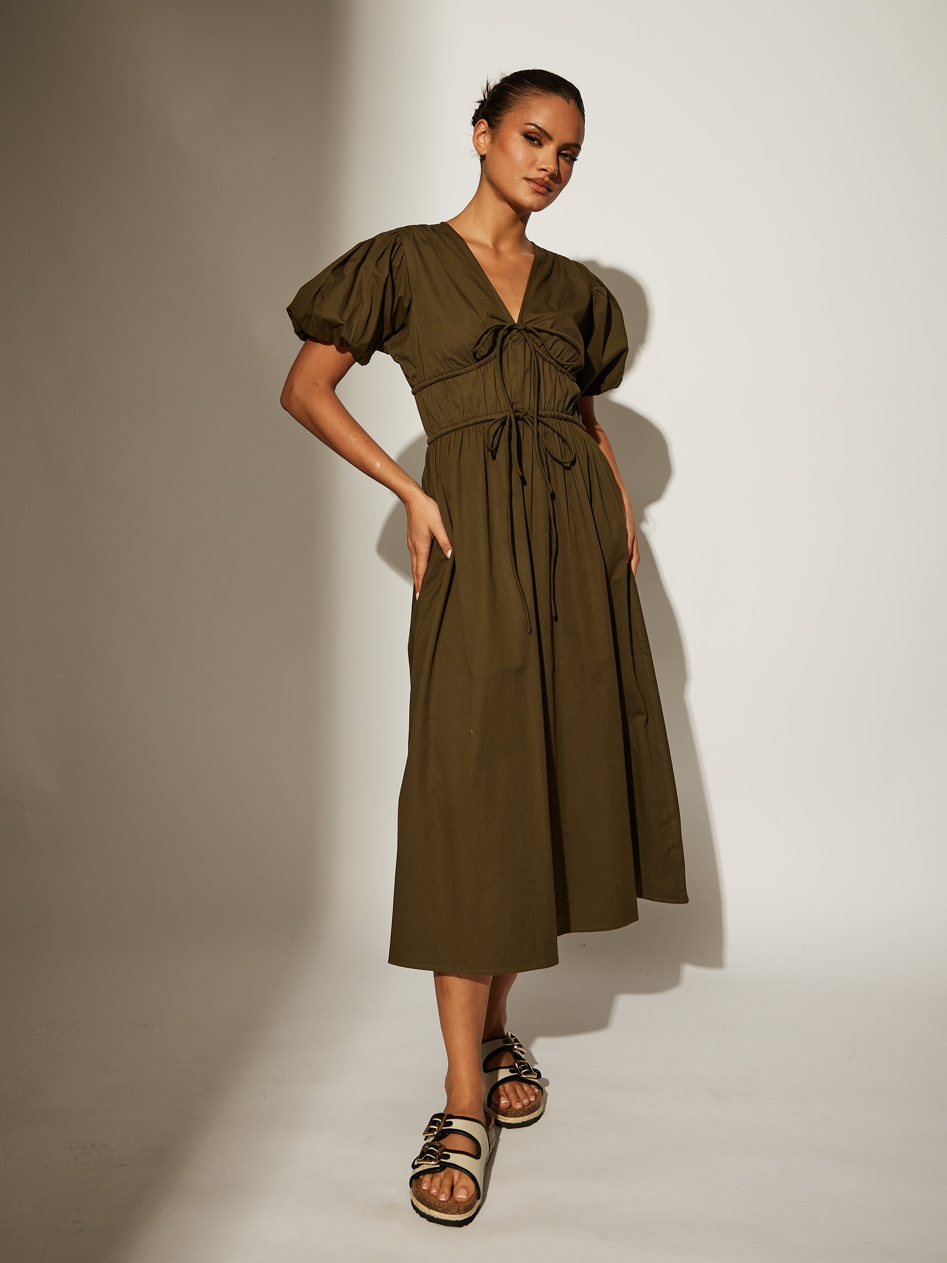 khaki-tie-front-short-sleeve-midi-dress-continental-textiles