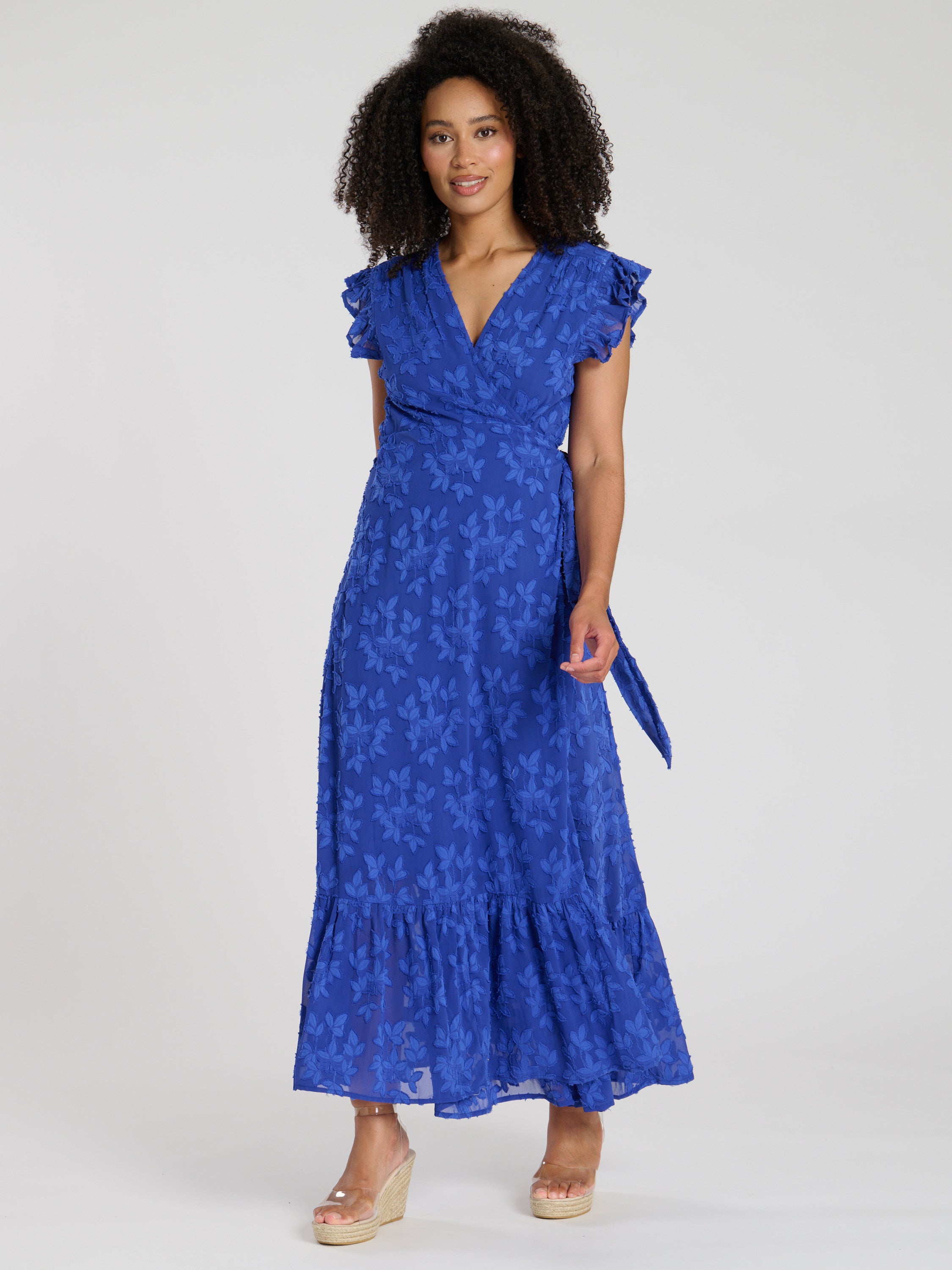 jacquard wrap midi dress Blue Jacquard Wrap Midi Dress – Continental Textiles