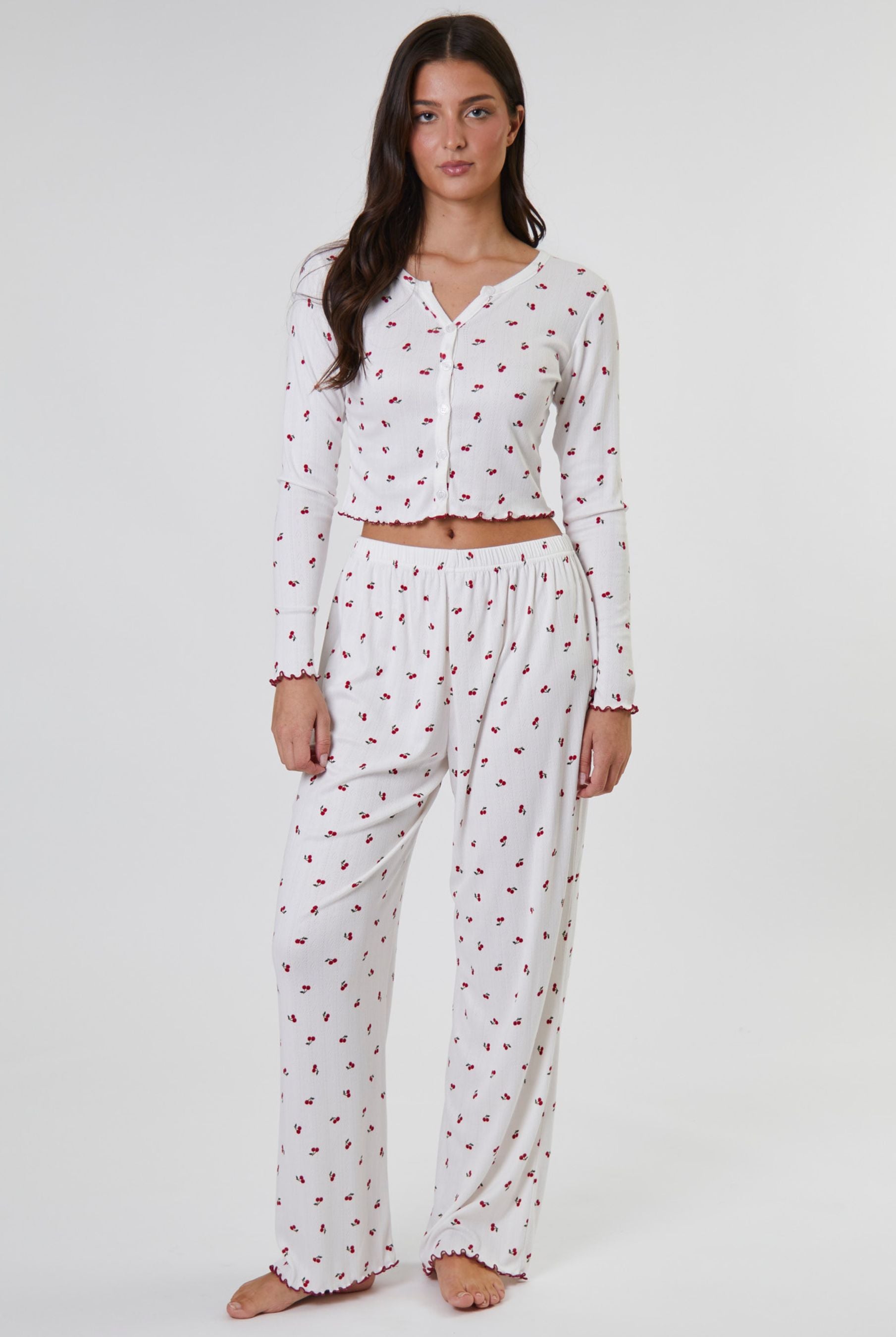 Cherry Printed Ribbed Jersey Long Sleeve and Trouser Set