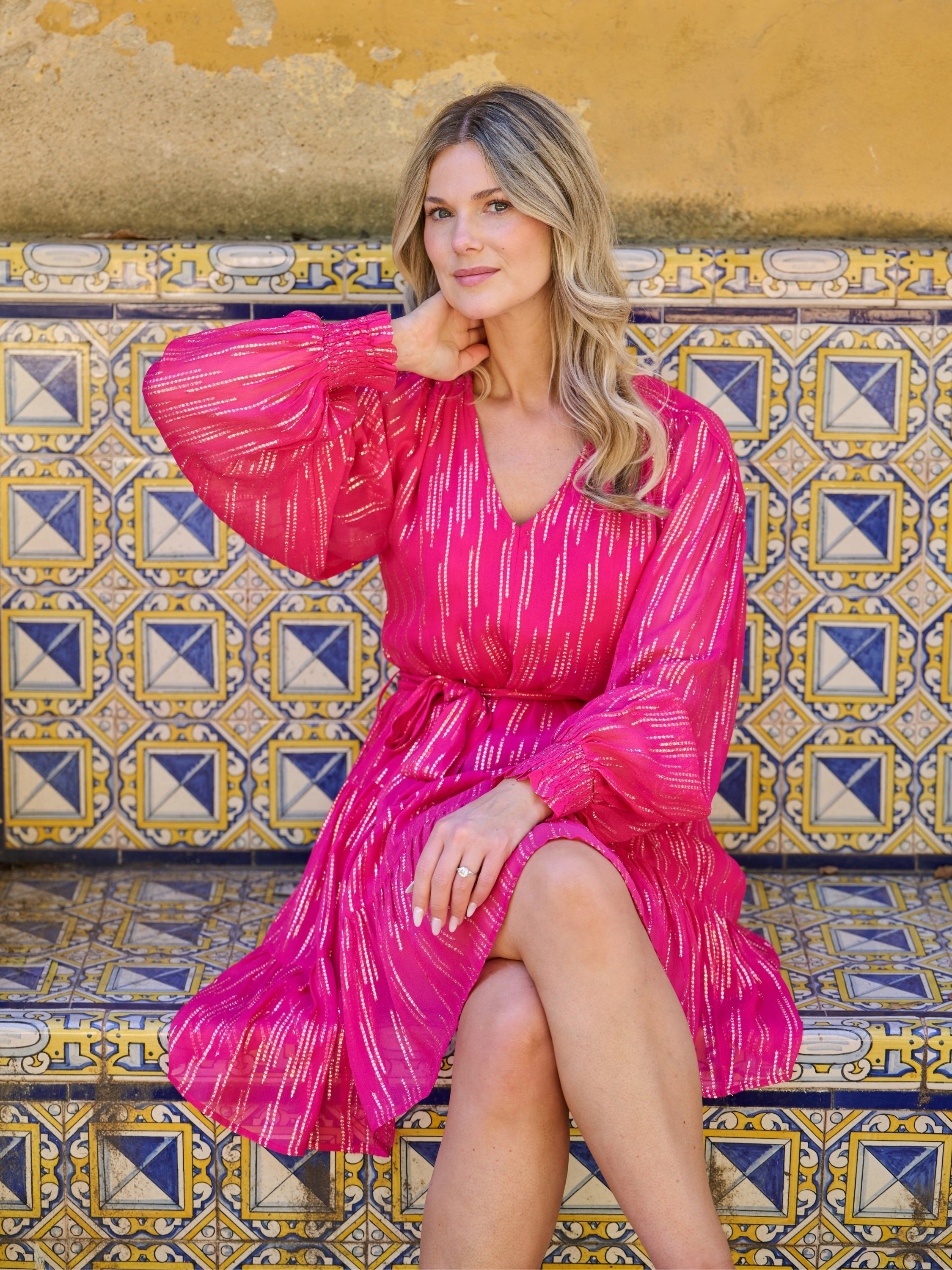 Hot Pink Metallic Star Long Sleeve Short Dress – Continental Textiles