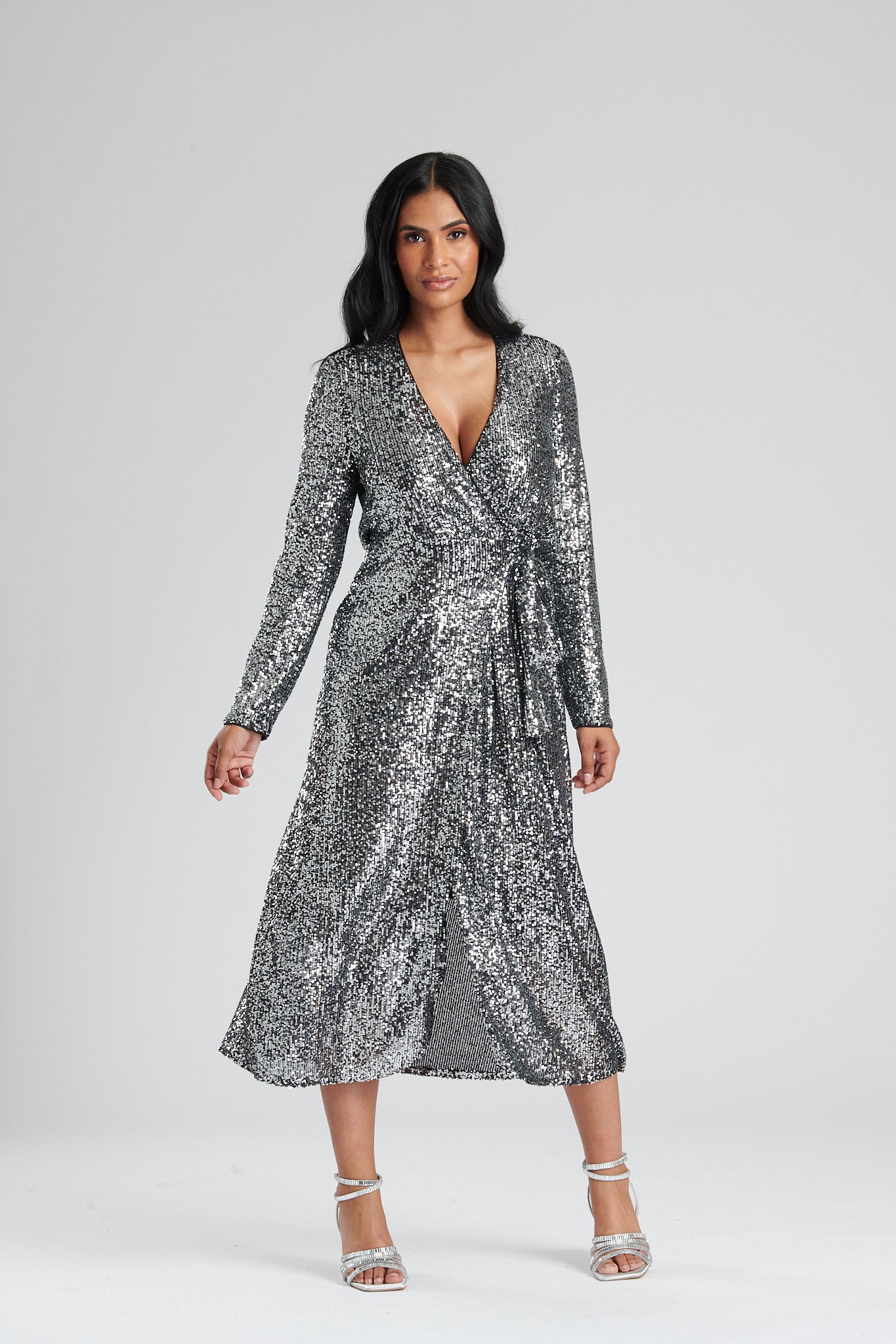silver sequin wrap midi dress Silver Sequin Wrap Midi Dress Continental Textiles