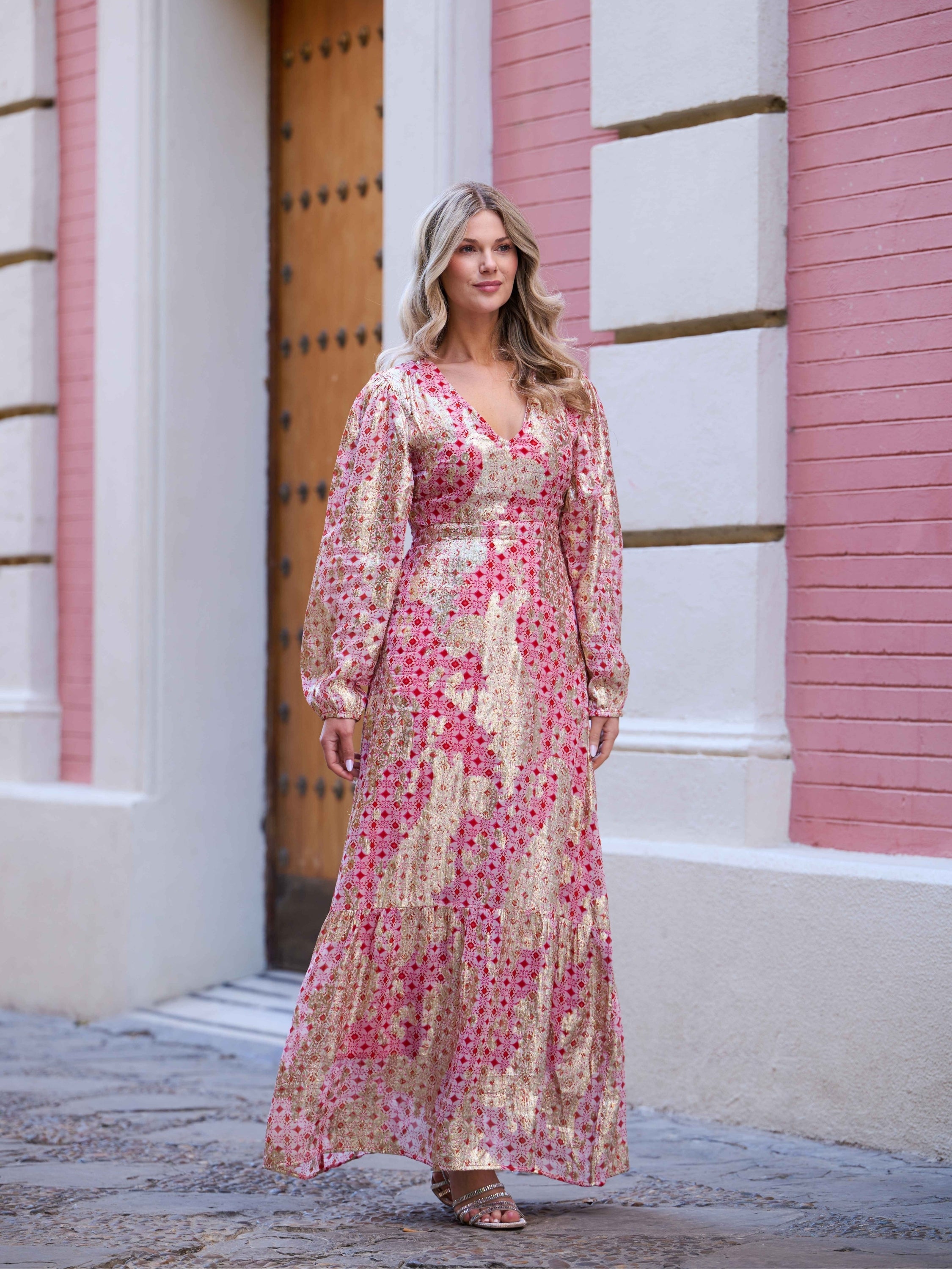 Red Metallic Printed Balloon Sleeve Maxi Dress  Continental Textiles