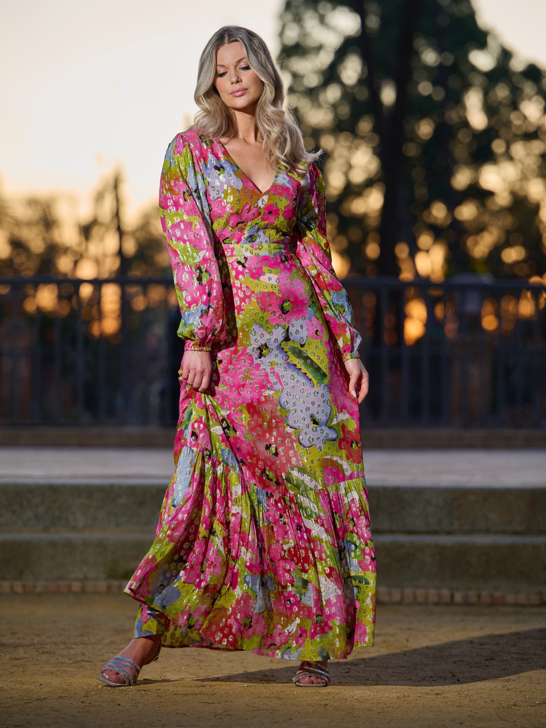 long sleeve floral maxi dress uk Floral Metallic Printed Balloon Sleeve Maxi Dress – Continental Textiles