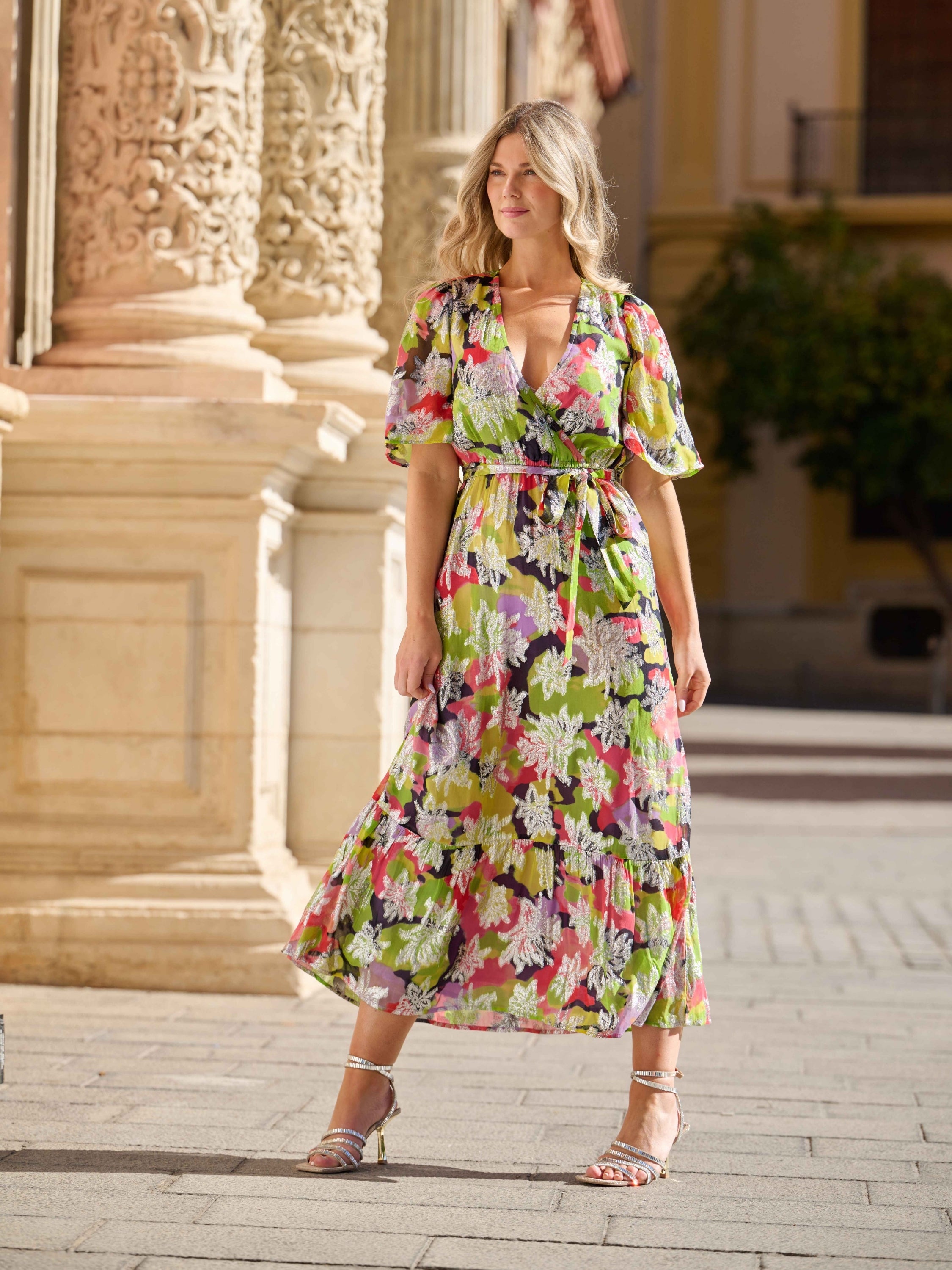 metallic print dress Pastel Metallic Printed Maxi Wrap Dress – Continental Textiles
